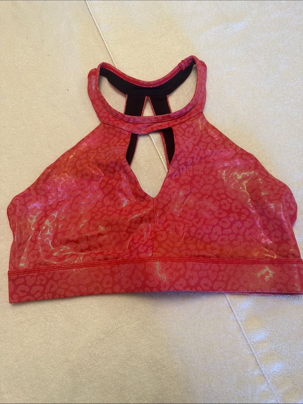 Til You Collapse Shimmery Pink-Red High-Neck Sports Bralette